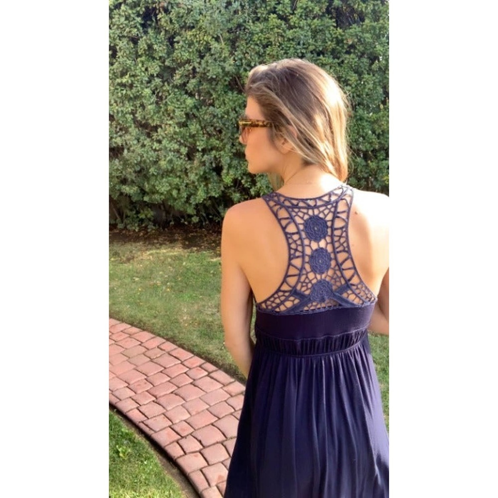 Navy Blue embroidered halter lace back dress